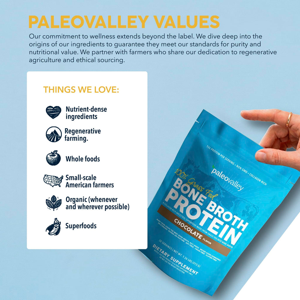 Paleovalley 100% Grass Fed Bone Broth Protein Powder, Chocolate | Collagen Rich, Digestive and Gut Health Support, Joint Support Hair, Skin and Nail Support, 13g Protein
