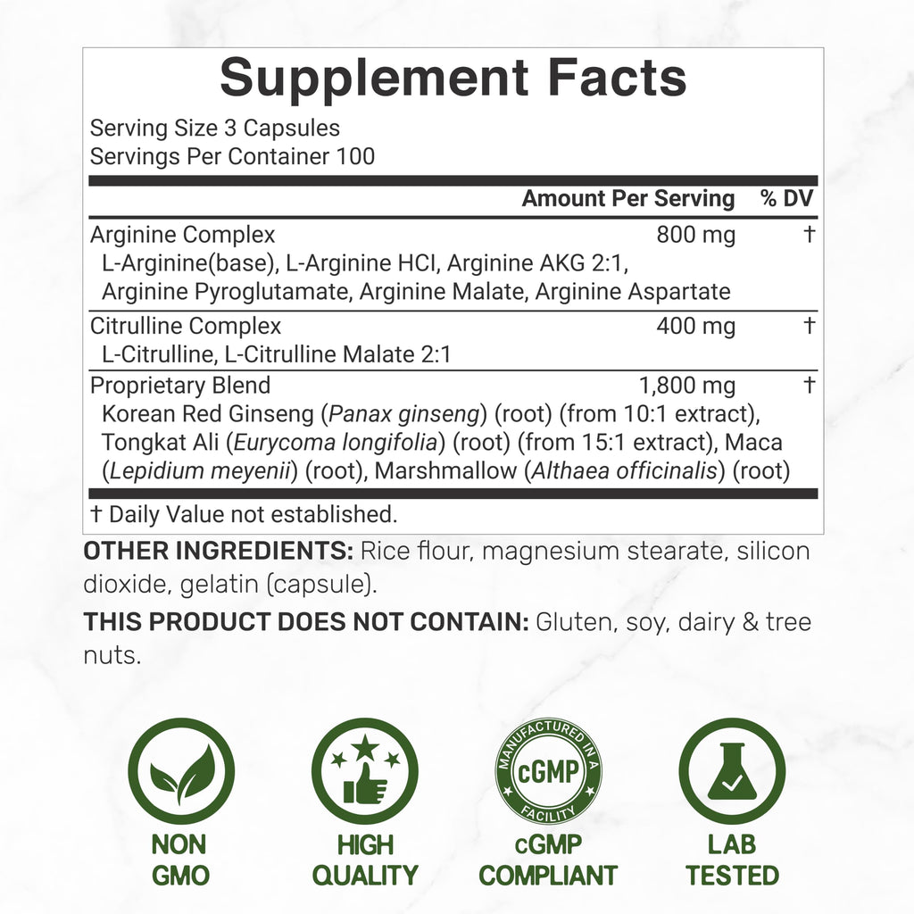 Nitric Oxide Supplement 3,000mg, 300 Capsules | 12-in-1 Complex for Men & Women – Arginine, Citrulline, Korean Red Ginseng, Tongkat Ali, Maca Root, & Marshmallow Blend*