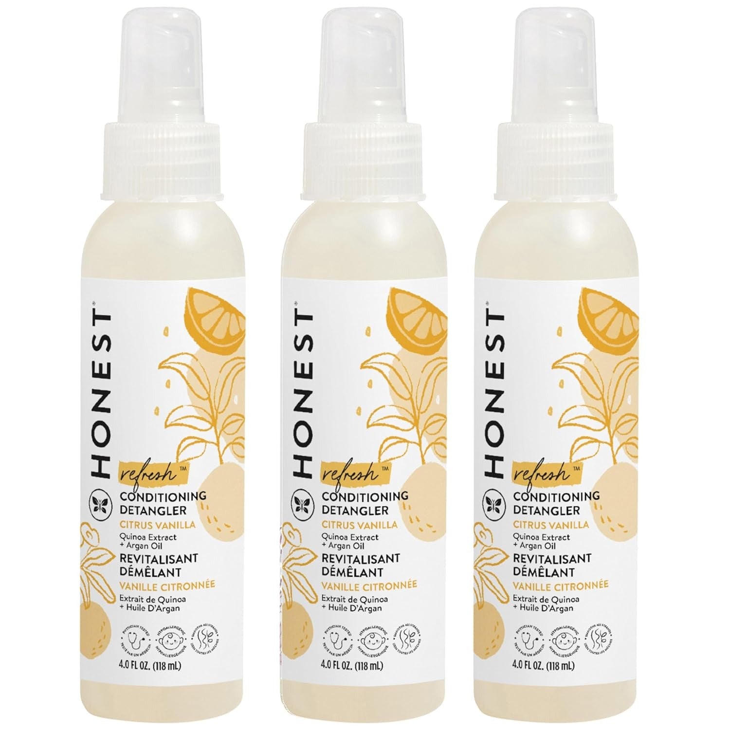 Buy now The Honest Company Conditioning Hair Detangler, Tear-Free Hypoallergenic Leave-In Conditioner and Fortifying Spray, Citrus Vanilla Refresh, 4 fl oz 4 Fl Oz (Pack of 3) Citrus Vanilla Refresh at indiglob india