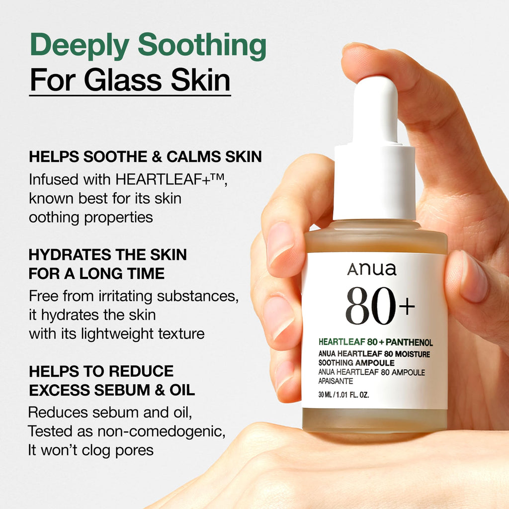 Buy now Anua Heartleaf 80 Soothing Ampoule, Hydration Facial Serum for Glass Skin, Panthenol, Hyaluronic Acid, Non-Greasy, Gentle Formula, Lightweight Essence, Vegan, Korean Skin Care, 30ml/1.01 fl.oz at indiglob india