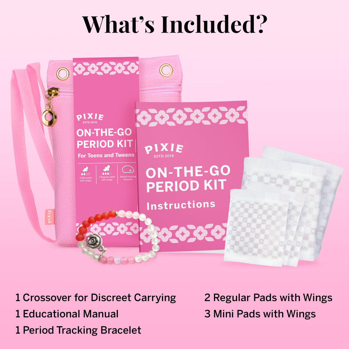 Pixie First Period Kit for Girls 9-12 - Best Organic Cotton Teen Pads with Wings - Period Tracking Bracelet & Discreet Crossbody Bag - On-the-Go Tween Starter Kit & Feminine Care Hygiene Essentials