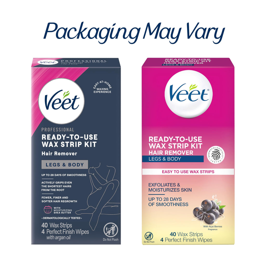 VEET Ready-To-Use Waxing Kit For Women | Wax Strips For Body Hair Removal, Wax Kit For Ingrown Hair Treatment, Personal Care Product, Hair Remover | 40ct Waxing Strips, 4ct Body Wipes