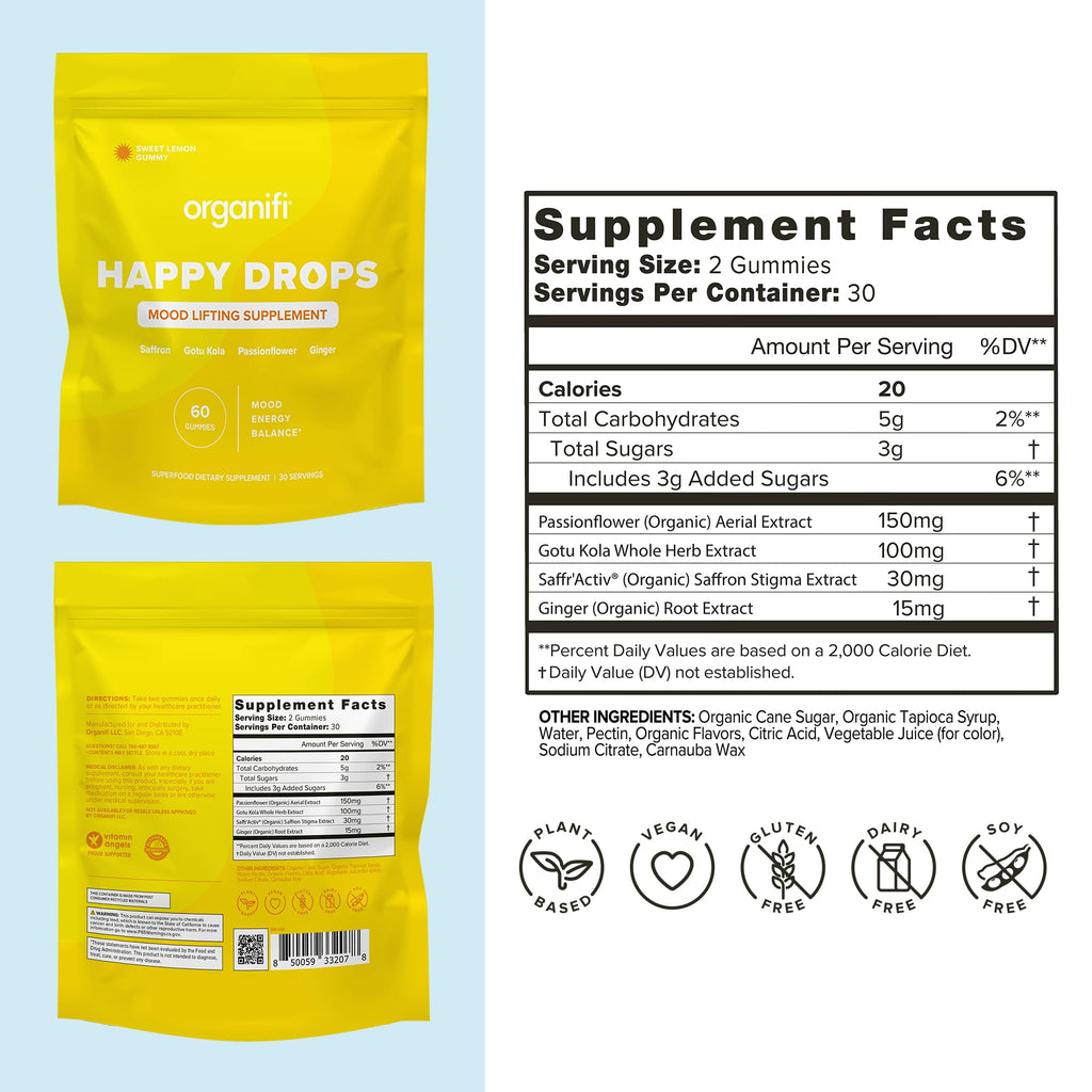 Organifi Happy Drops Natural Mood Lifting Gummies, 60 Count