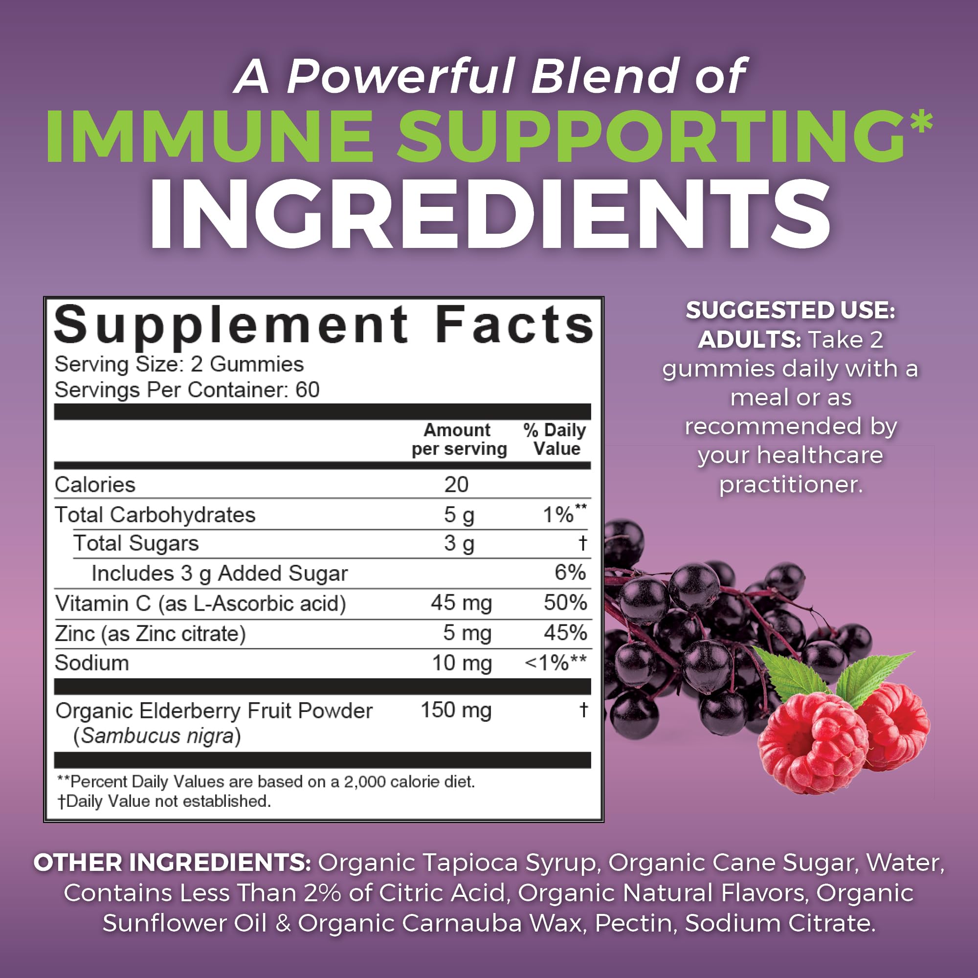 Viva Naturals Black Elderberry Vitamin C and Zinc Immune Support Gummies for Adults, Sambucus Elderberry Gummies with Raspberry Rush Flavor, USDA Organic, Non-GMO, (120 Count)