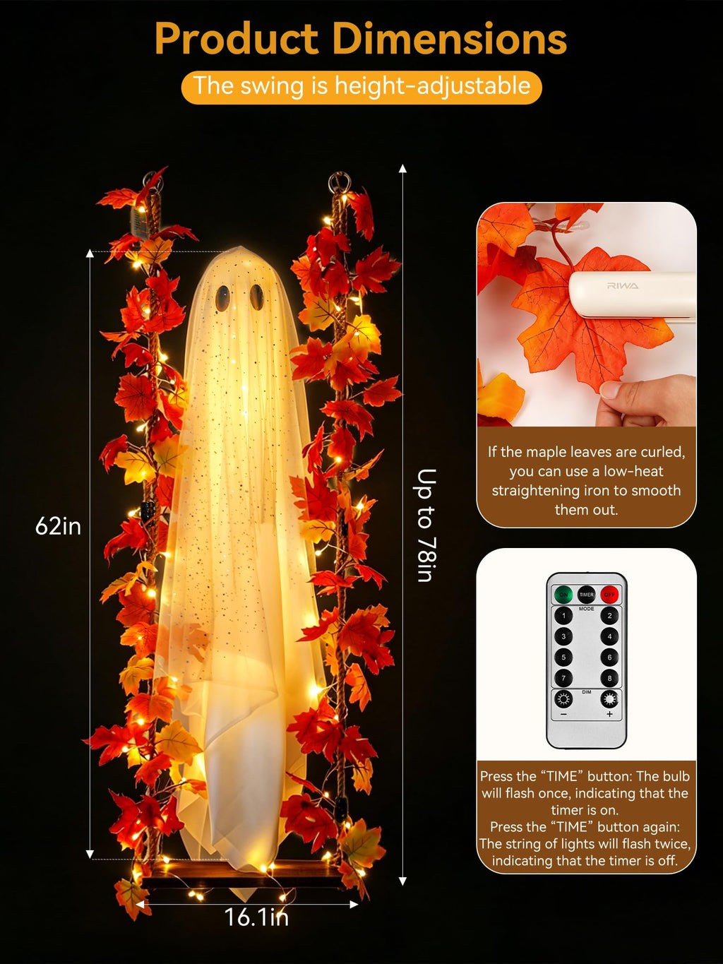 AYGXU Halloween Decorations Outdoor Indoor-5.3ft Hanging Ghost Decor with a Maple Leaf 6.6ft Swing,Ghost Light,Halloween Decor for Tree,Yard,Porch,Garden