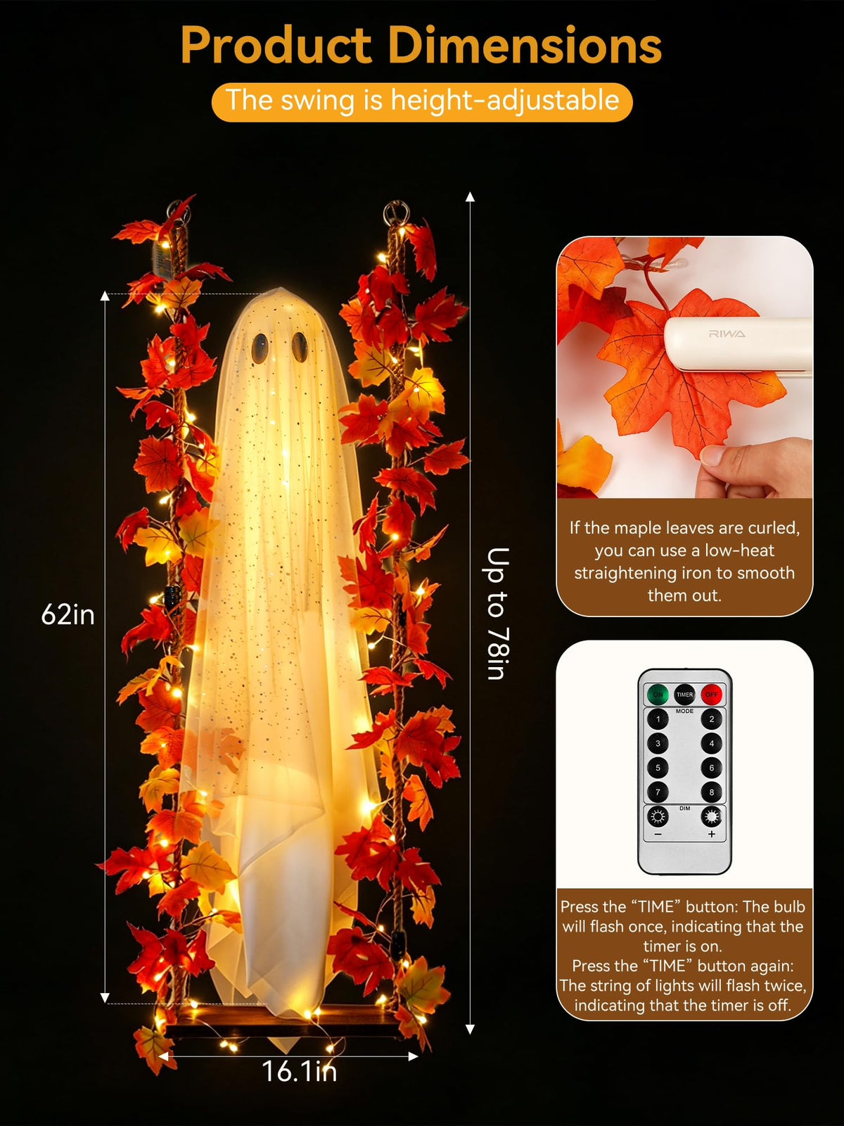 AYGXU Halloween Decorations Outdoor Indoor-5.3ft Hanging Ghost Decor with a Maple Leaf 6.6ft Swing,Ghost Light,Halloween Decor for Tree,Yard,Porch,Garden
