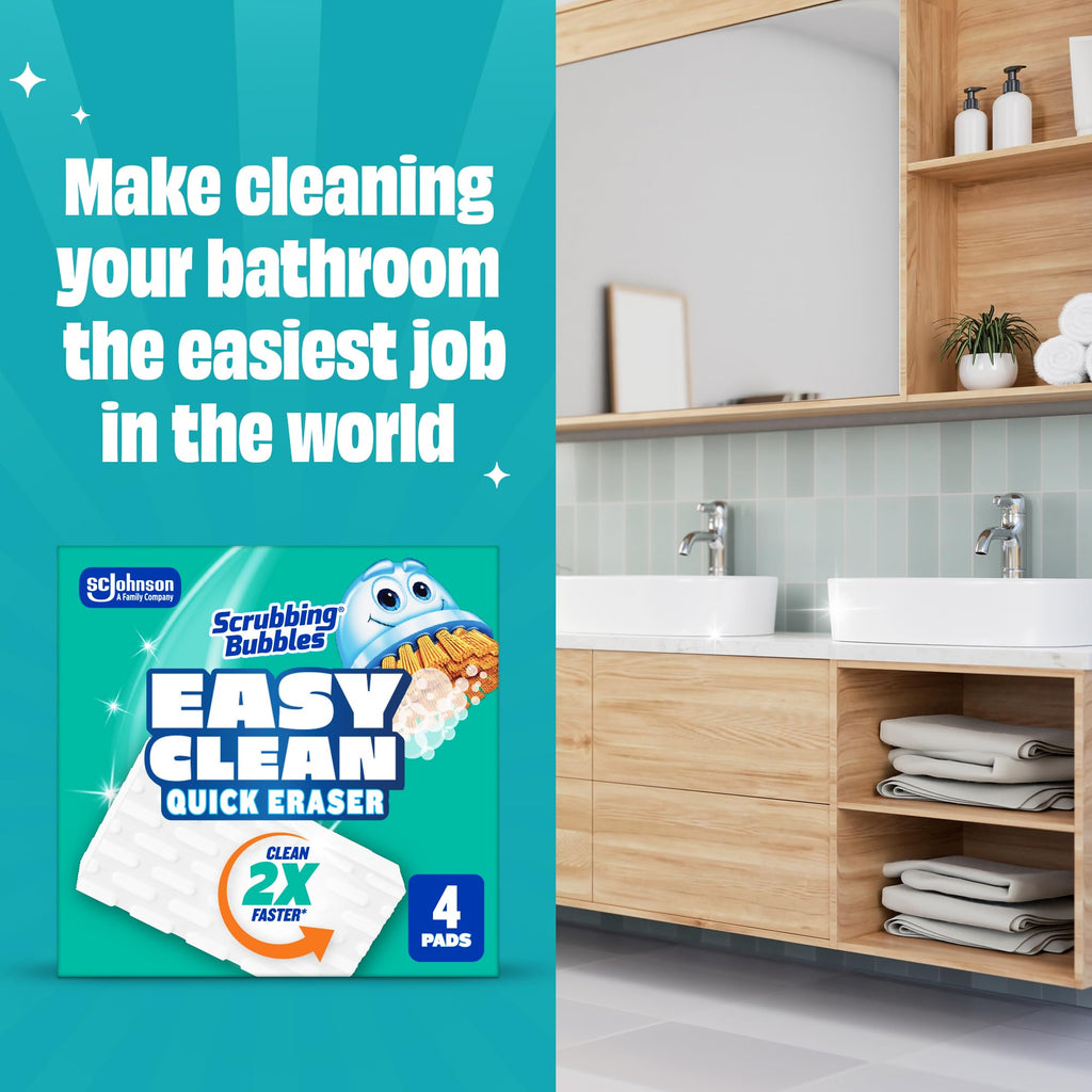Scrubbing Bubbles Easy Clean Quick Eraser, Multipurpose Durable Bathroom Cleaner Sponge for Shower and Tub Tiles, Sinks, Faucets, Counters, Toilets, Glass Doors & More, 4-Count