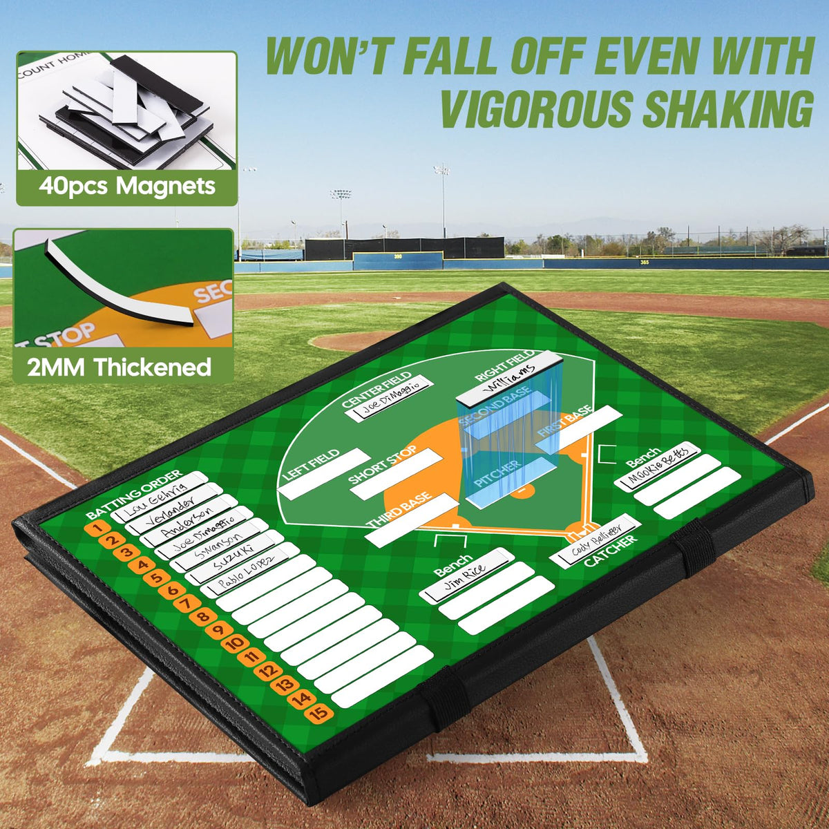 Magnetic Baseball Lineup Board, Collapsible Professional Softball & Baseball Lineup Board for Dugout, Baseball Clipboard for Coaches with 40 Magnetic Lineup Cards and High-End Markers (Leather Cover)