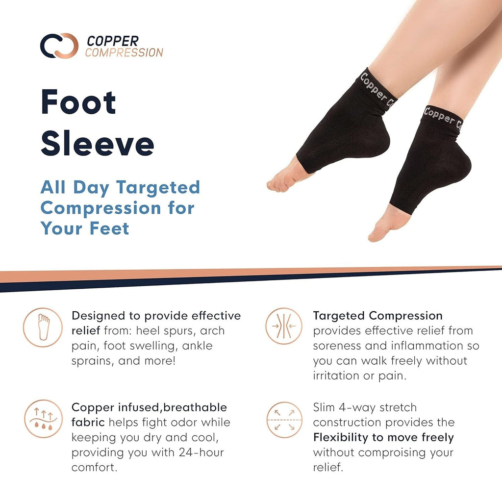 Buy now Copper Compression Foot Sleeves - Plantar Fasciitis, Achilles, Ankle Support Brace Socks - Day / Night Relief from Heel Spurs, Arch Pain, Swelling, Soccer Injuries, Golf, Running - 1 Pair Black - L at indiglob india