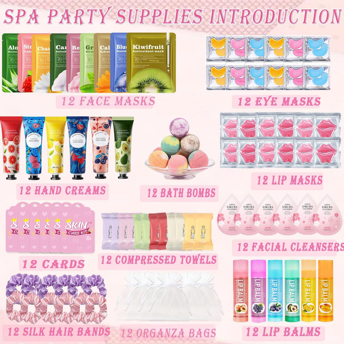 132 PCS Spa Party Supplies for Women, Spa Party Favors Includes Face Masks, Lip Masks, Eye Masks, Hand Cream, Lip Balm, Bath Bombs, Spa Birthday Sleepover Party Supplies Spa Party Favors