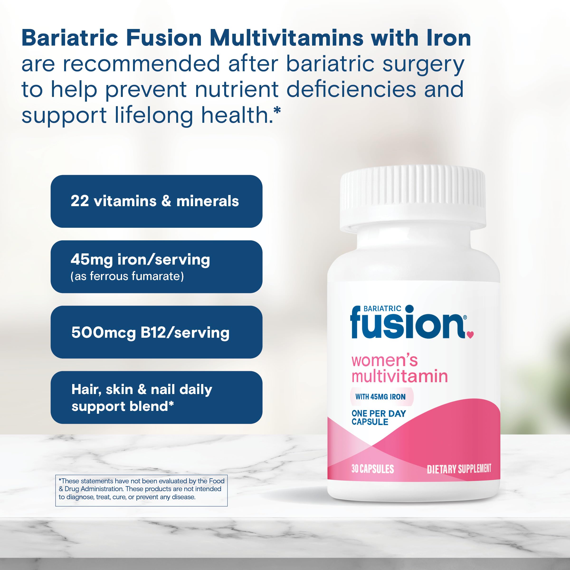 Bariatric Fusion Bariatric Multivitamin with Iron for Women | Hair, Skin and Nails Blend for Hair Loss After Bariatric Surgery & GLP-1 | 30 Capsules | 1 Month Supply