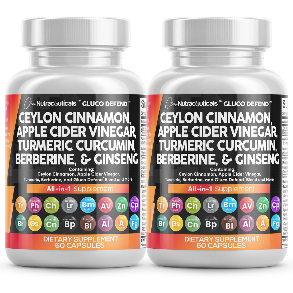 Ceylon Cinnamon Capsules + Apple Cider Vinegar Turmeric Berberine Supplement Ginseng Cayenne Pepper Bitter Melon Aloe Vera Fenugreek Milk Thistle Chromium 120 Pills Gluco Defend by Clean Nutra