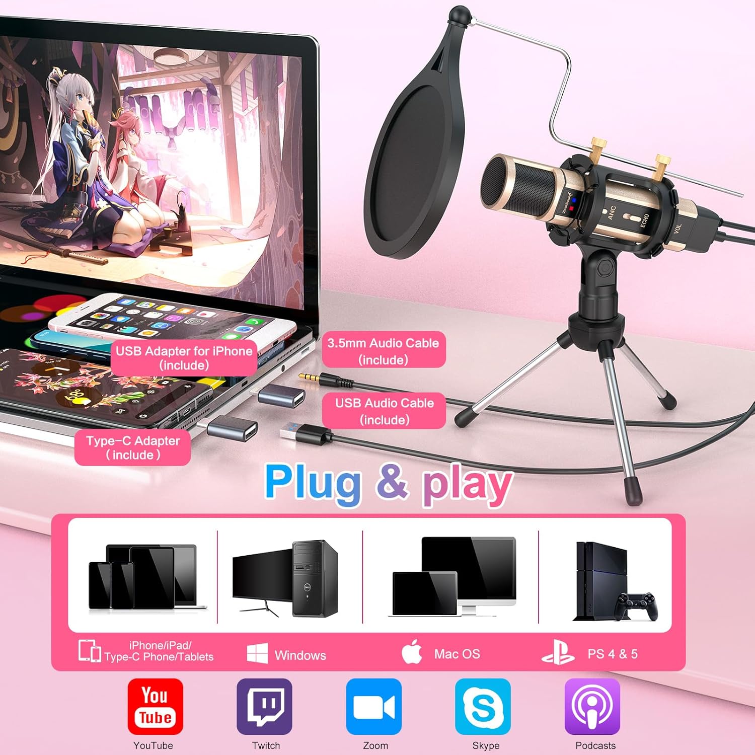 Buy now ZealSound Studio Recording Microphone, Condenser Broadcast Microphone w/Stand Built-in Sound Card Echo Recording Karaoke Singing for Phone Computer PC Garageband Smule Live Stream & YouTube (Gold) at indiglob india