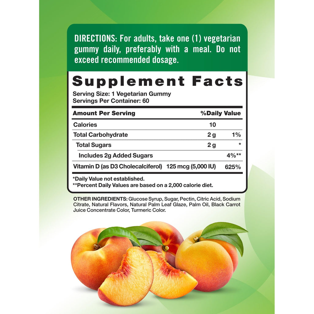 Nature's Truth Vitamin D3 Gummies | 5000 IU | 60 Count | Peach Flavor | Vegetarian, Non-GMO & Gluten Free Supplement | Vegetarian, Non-GMO & Gluten Free Supplement