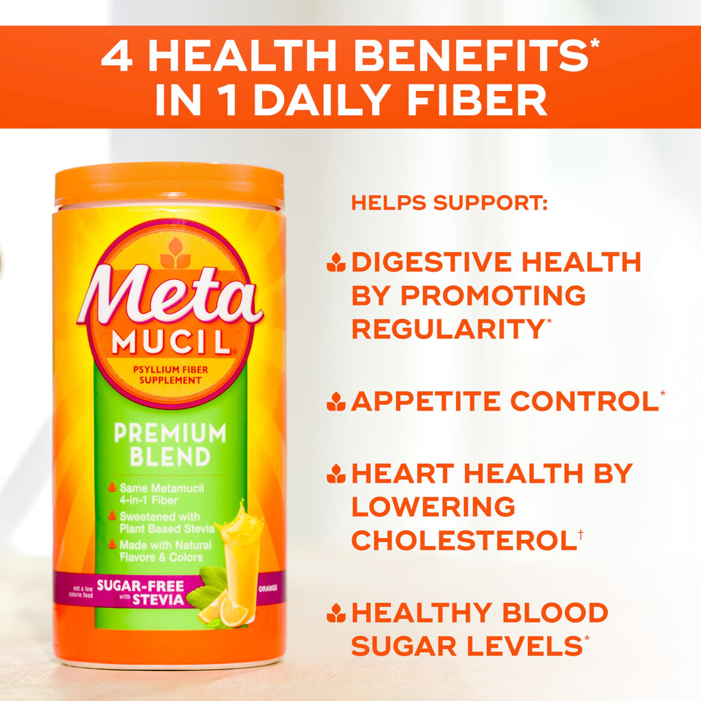 Metamucil Premium Blend, 4-in-1 Fiber Supplement for Digestive Health, Psyllium Husk Fiber Powder, Sugar-Free with Stevia, Plant-Based_Fiber Supplement, Orange Flavored, 180 teaspoons (Pack of 4)