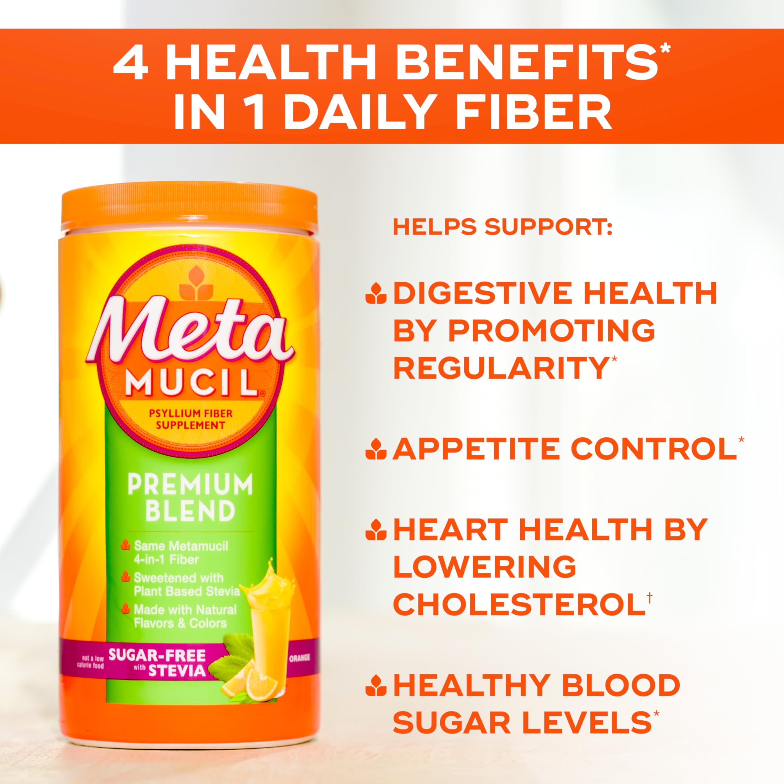 Metamucil Premium Blend, 4-in-1 Fiber Supplement for Digestive Health, Psyllium Husk Fiber Powder, Sugar-Free with Stevia, Plant-Based_Fiber Supplement, Orange Flavored, 180 teaspoons (Pack of 4)