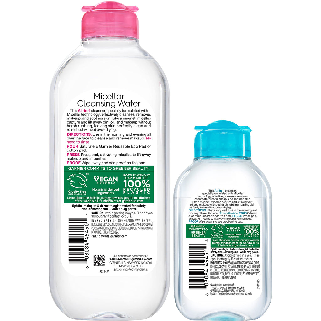 Buy now Garnier Micellar Cleansing Water, For All Skin Types, 13.5 fl oz + Micellar Cleansing Water, For Waterproof Makeup, 3.4 fl oz at indiglob india