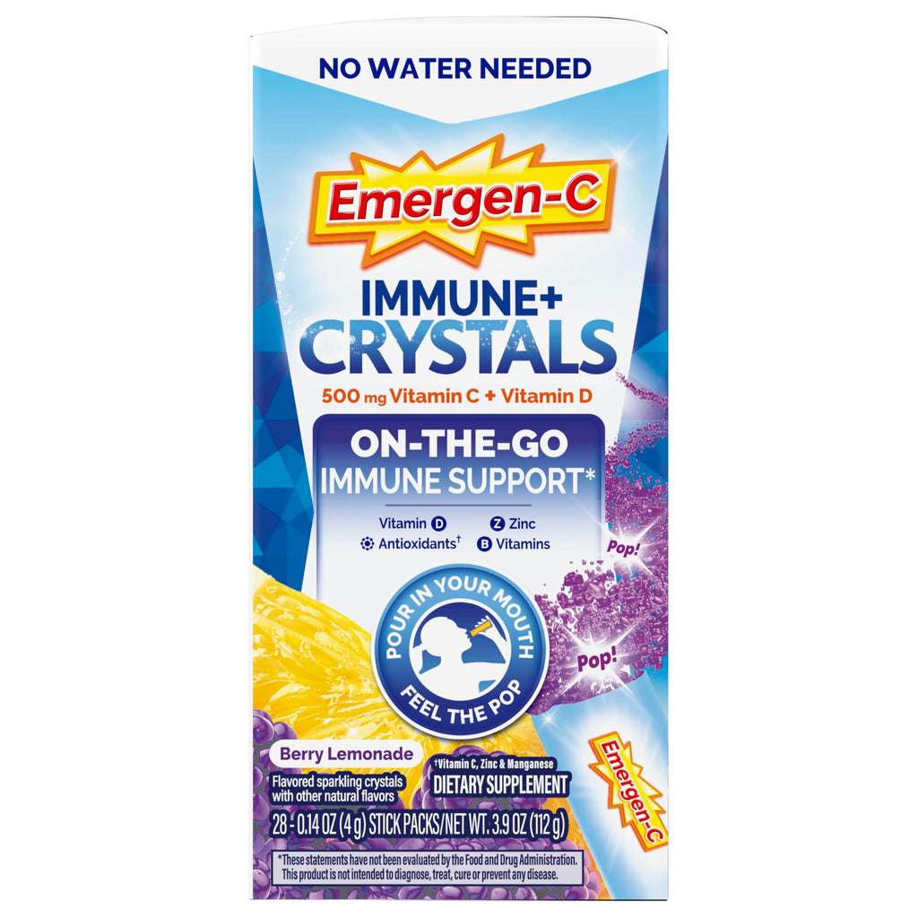 Emergen-C Immune Plus Crystals, On-the-Go Immune Support Supplement with Vitamin C, Vitamin D, B Vitamins, Zinc and Manganese, Berry Lemonade, Back to School Essentials - 28 Stick Packs