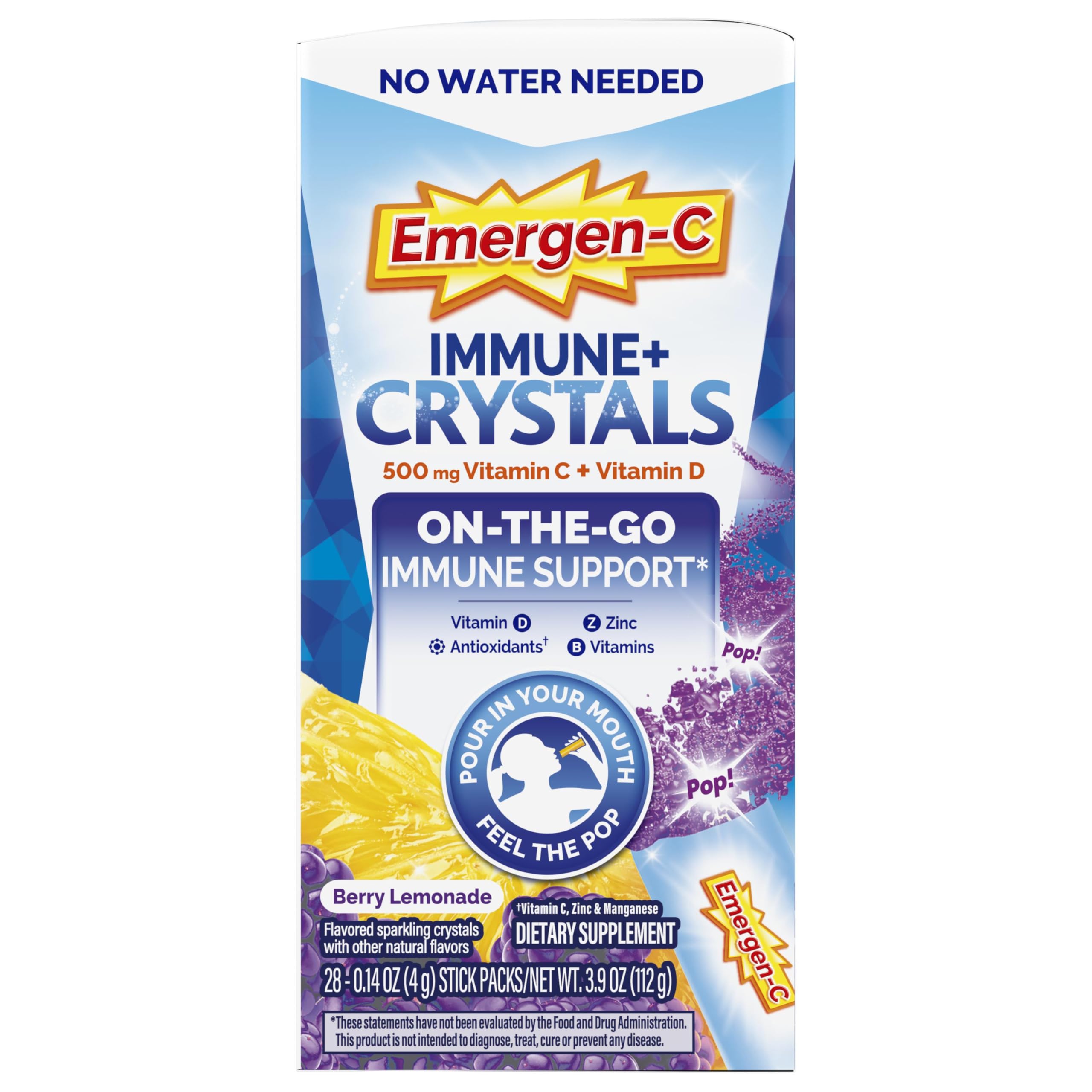 Emergen-C Immune Plus Crystals, On-the-Go Immune Support Supplement with Vitamin C, Vitamin D, B Vitamins, Zinc and Manganese, Berry Lemonade, Back to School Essentials - 28 Stick Packs