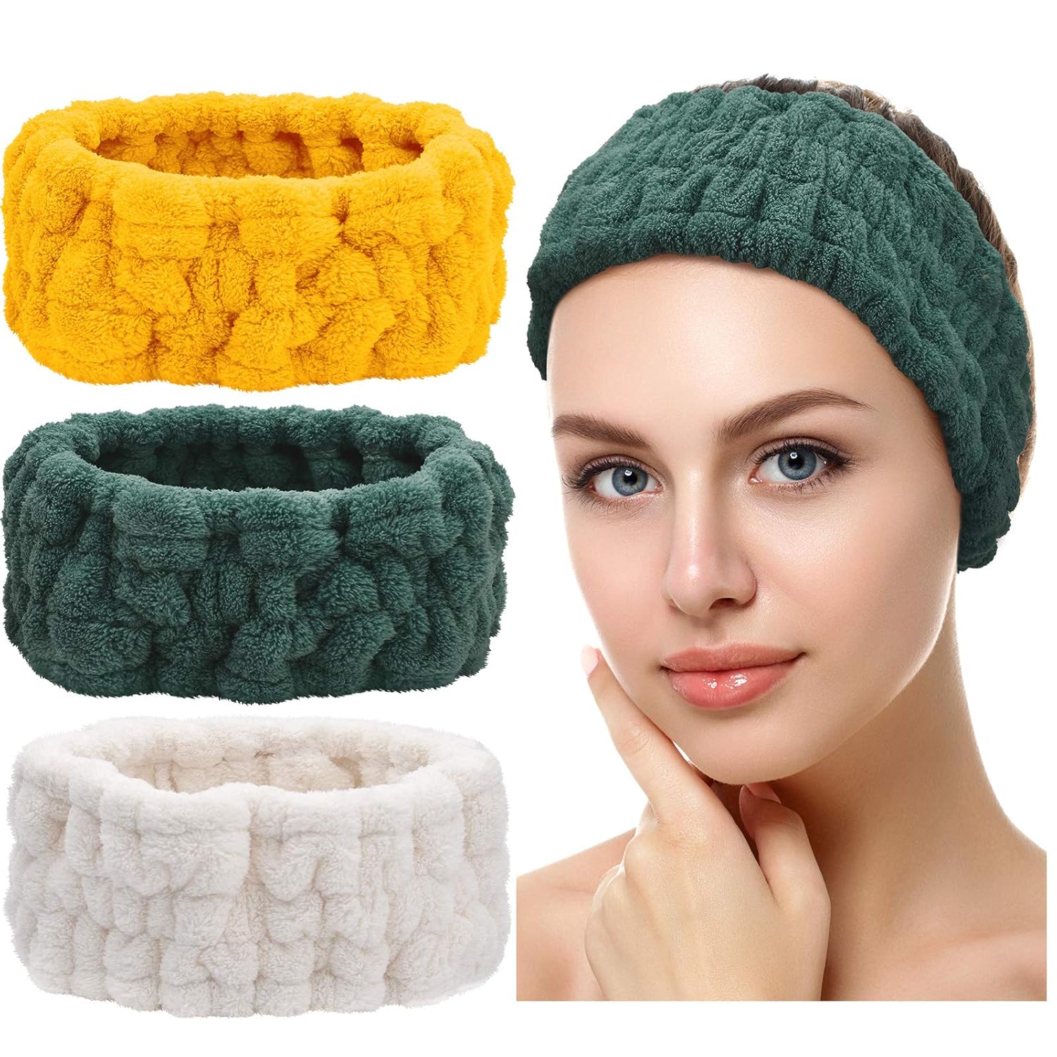 Buy now Chuangdi 3 Pieces Spa Headband for Women Facial Makeup Headband Soft Terry Cloth Hairband for Washing Face Mask Spa Shower Gifts(Dark Pink, Dark Blue, Milky-White) Milky-White, Yellow, Dark Green at indiglob india