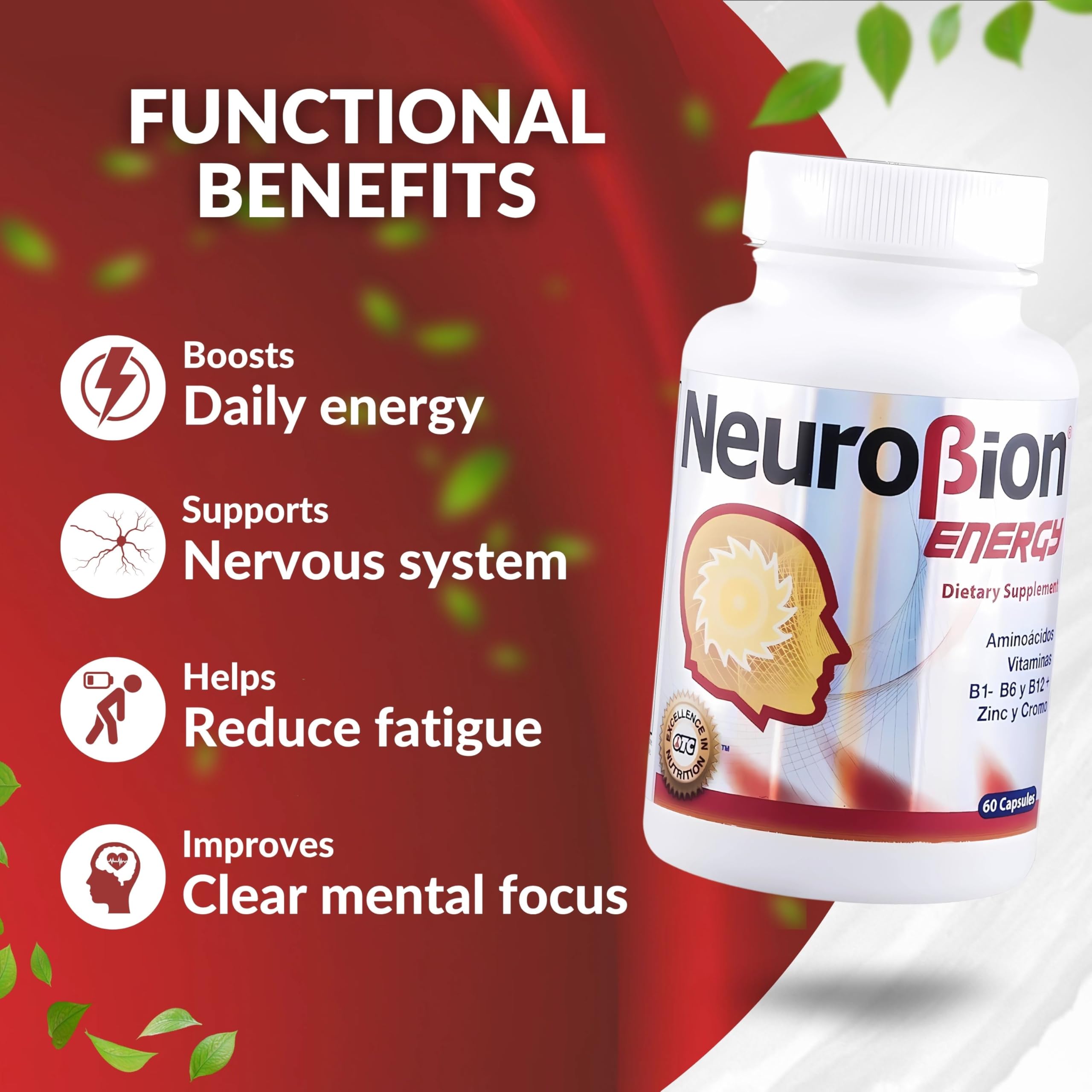 60 Caps Neurobion Energy - Amino Acids Vitamin B1 B2 B6 B12 - Increases Brain Alertness & Stamina | One a day supports normal metabolism and nervous system function; sealed, authentic import