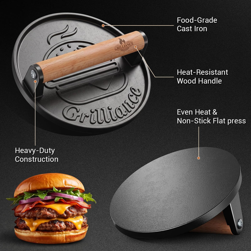 Grilliance Smash Burger Press Kit, Cast Iron Flat Round Hamburger Smasher 6.6"