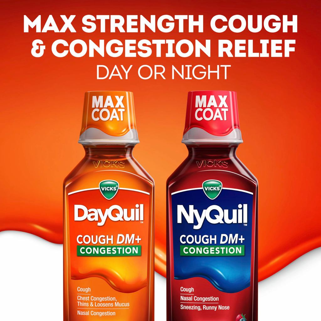 Buy now Vicks NyQuil Cough DM+ Congestion Relief Liquid Medicine, Maximum Strength Multi-Symptom Nighttime Relief for Cough, Nasal Congestion, Sneezing and Runny Nose, Cherry Flavor, 12 FL OZ at indiglob india