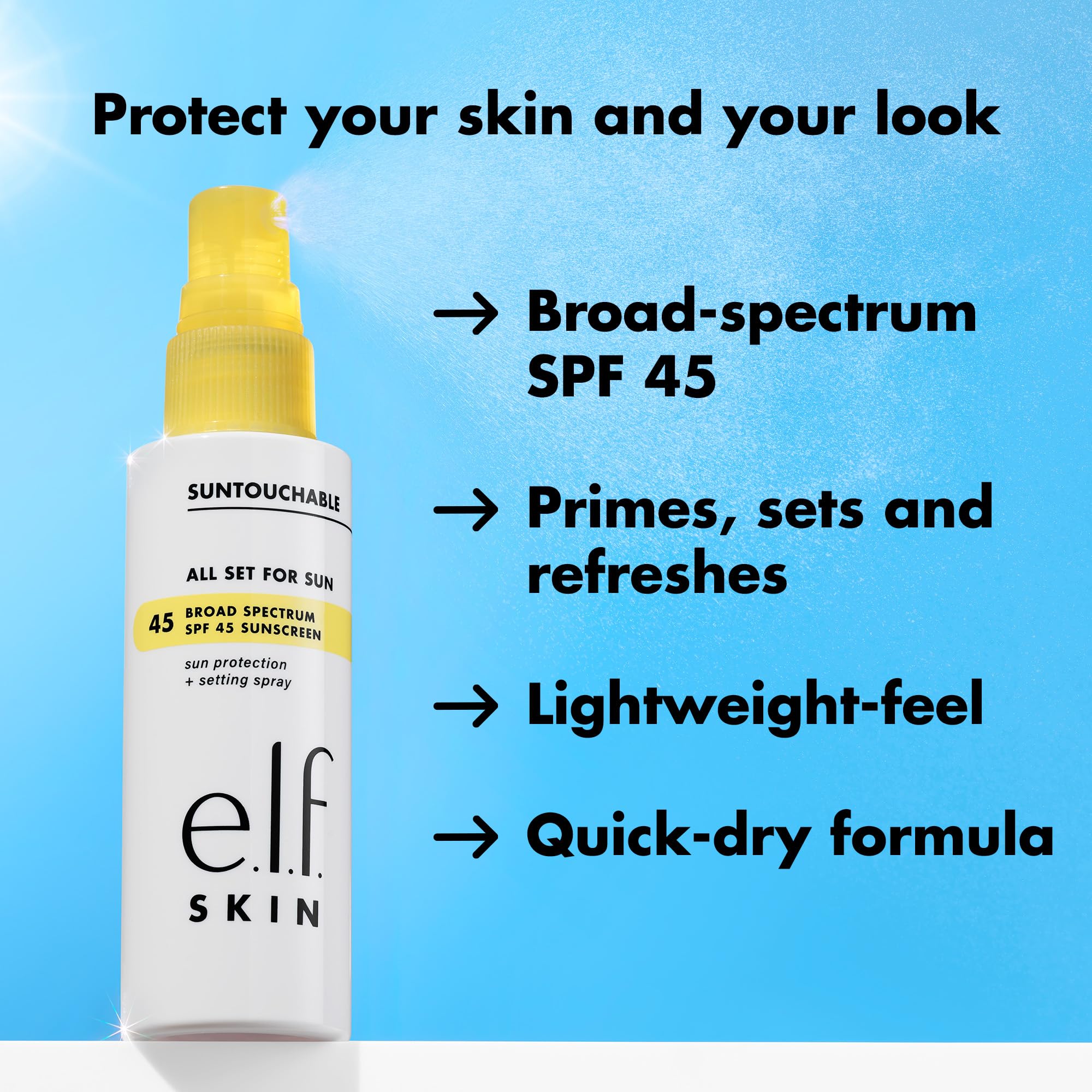 e.l.f. SKIN All Set For Sun SPF 45 Setting Spray | Clear Makeup Setting Mist + Sunscreen, Weightless SPF Face Protection & Makeup-Locking Spray, Vegan & Cruelty-Free