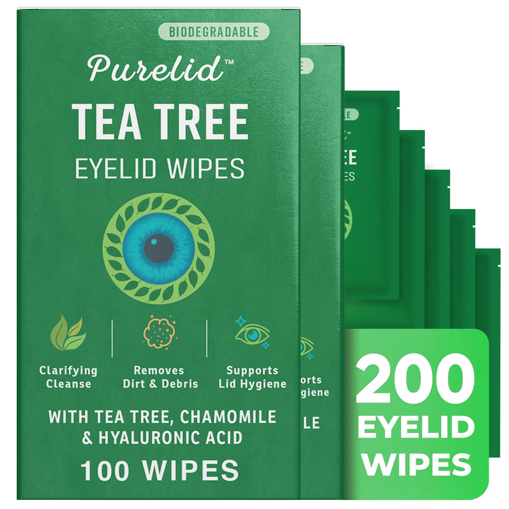 100PCs Tea Tree Eyelid Wipes – Cleaning Eye Wipes for People with Dry Eyes & Allergies – Gentle Eyelid Cleanser with Hyaluronic Acid, Chamomile and Aloe – Individually Wrapped & Biodegradable