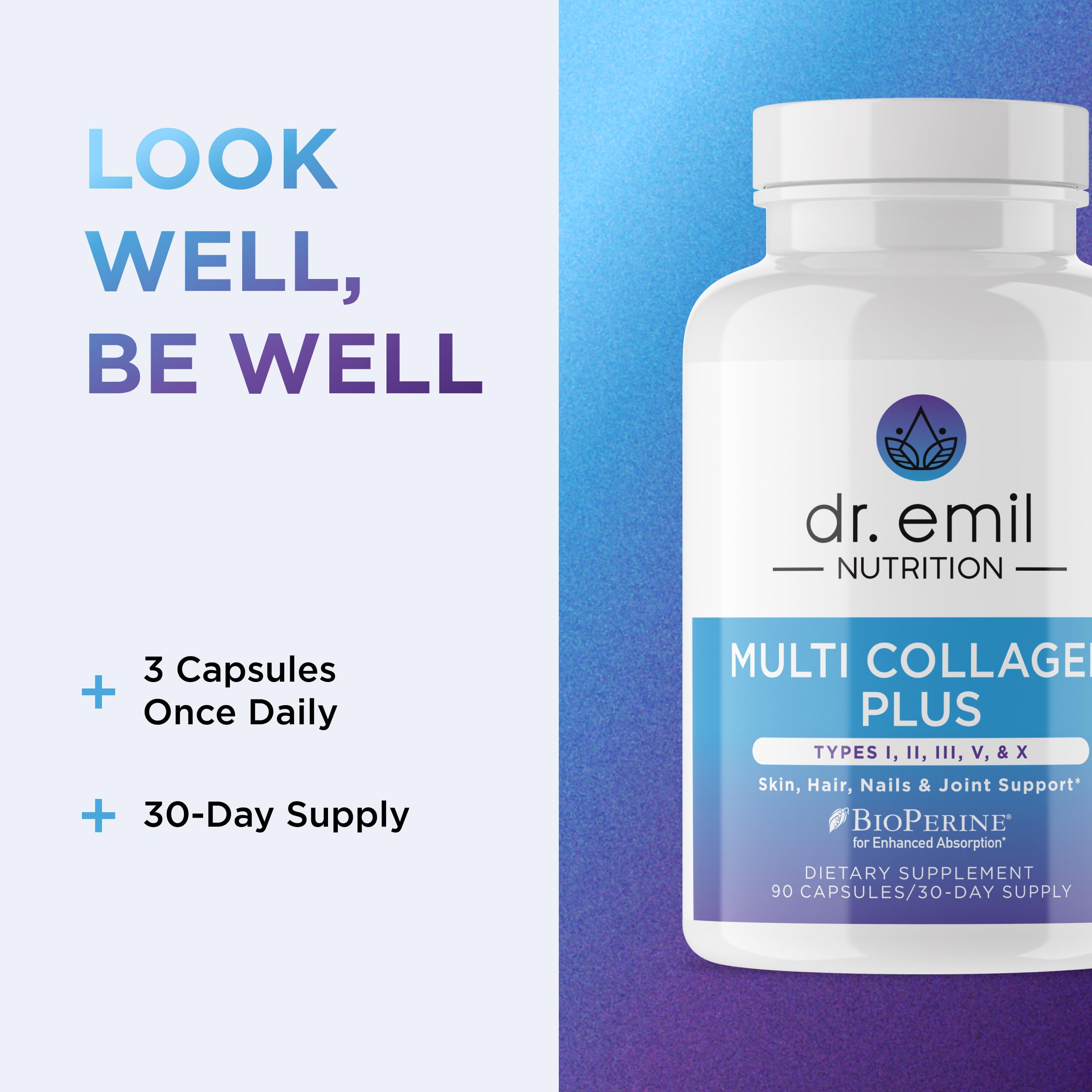 Dr. Emil Multi Hydrolized Collagen, Types I, II, III, V & X, 90 Capsules | All-in-One Hydrolyzed Collagen Blend Supporting Hair, Skin, Nails, and Joints, Non-GMO and Gluten-Free Formula