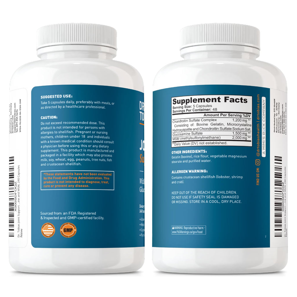 Buy now Dr. Tobias Joint Support Supplement with Glucosamine Chondroitin MSM, Supports Connective Tissue, Function & Flexibility, Extra Strength Joint Supplements for Men & Women, 240 Capsules at indiglob india