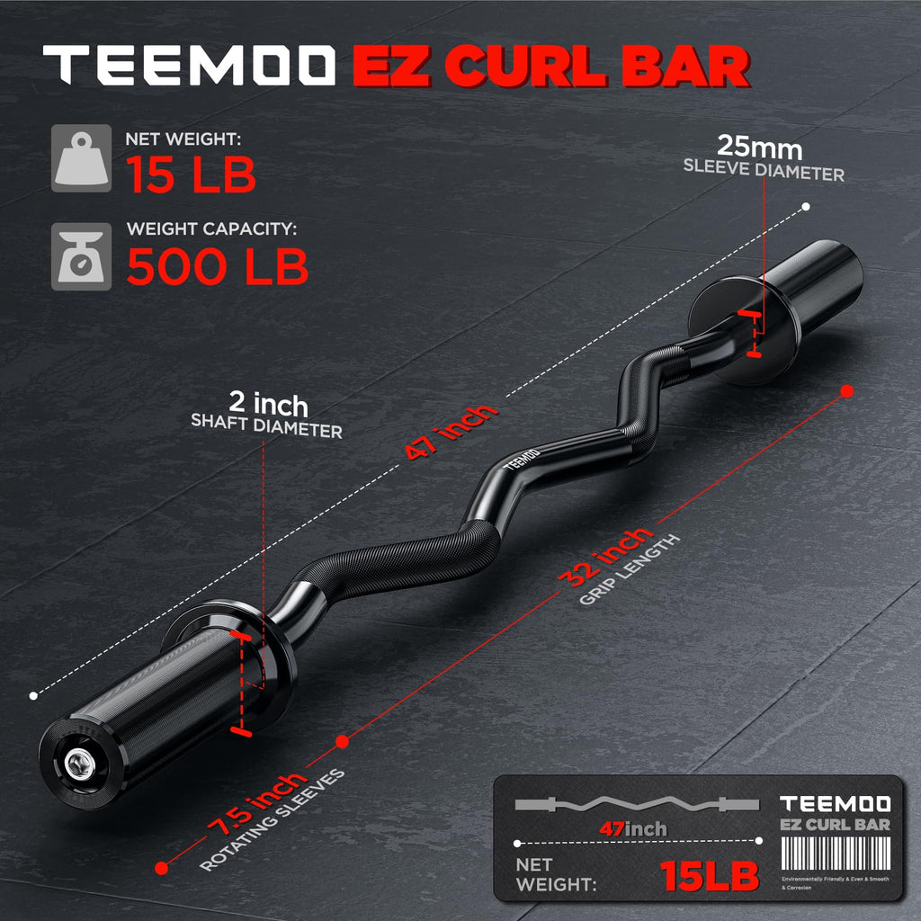 TEEMOO Olympic EZ Curl Barbell Bar, 47" Curl Bar for 2 inch Weight Plates