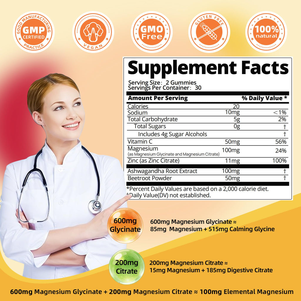 DREAVIO 600mg Magnesium Glycinate Gummies, Sugar Free, 90 Count | Provides 100mg Elemental Magnesium from Magnesium Glycinate & Citrate, with Zinc & Ashwagandha, Cherry Flavor Vegan Gummies