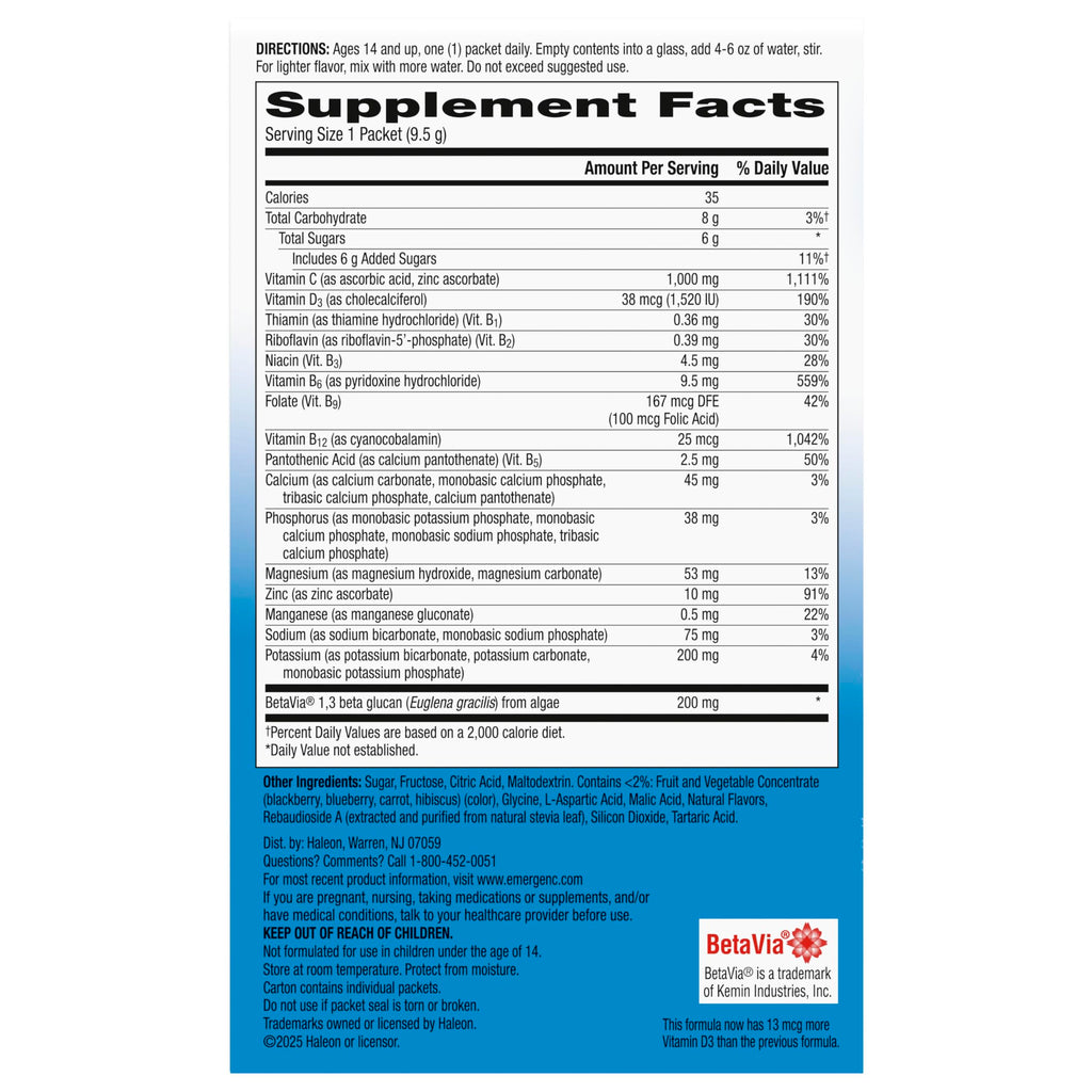 Emergen-C Immune+ Triple Action Immune Support Powder, Elderberry, 18 ct