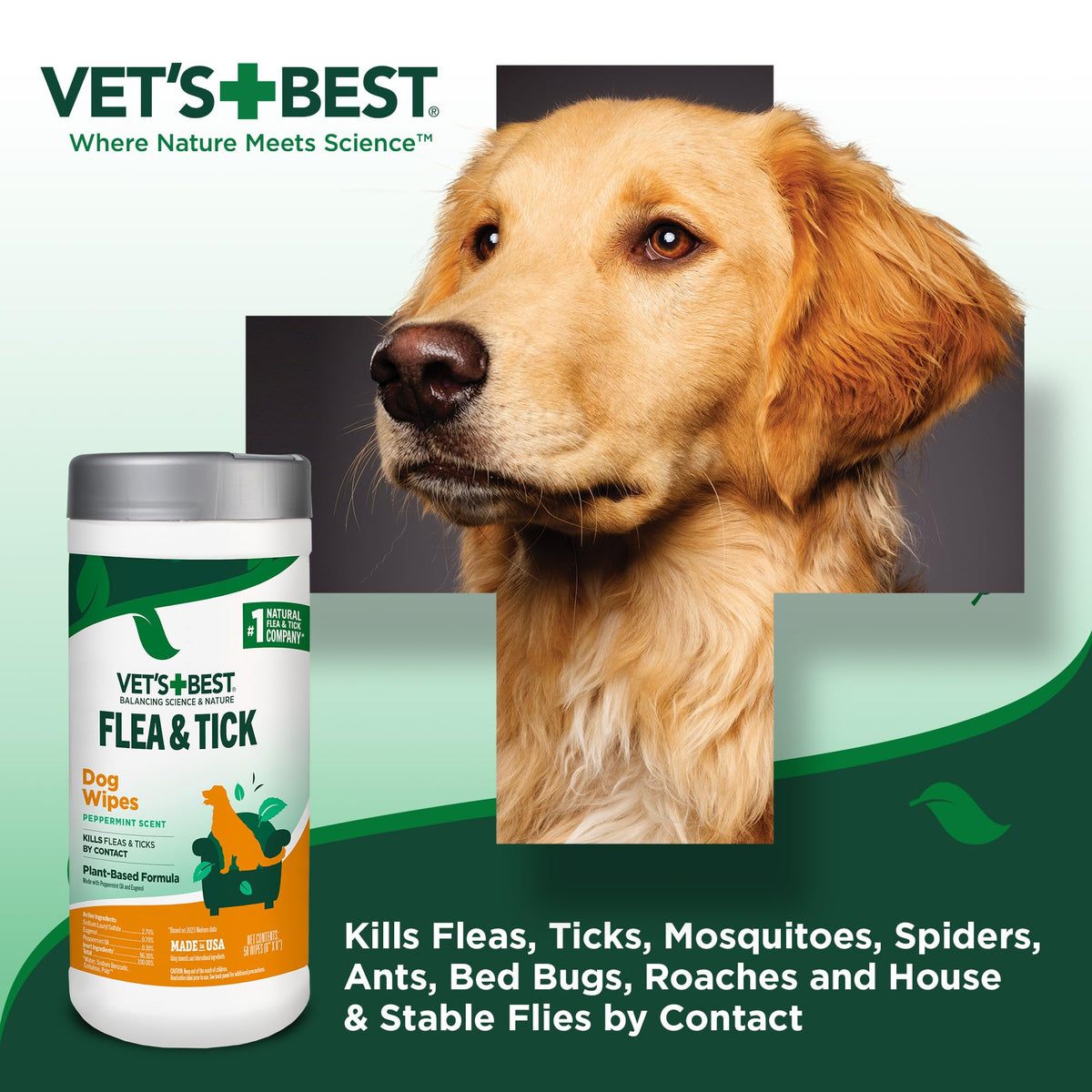 Vet's Best Flea & Tick Wipes for Dogs, Plant-Based, Pest Control, 50 Count