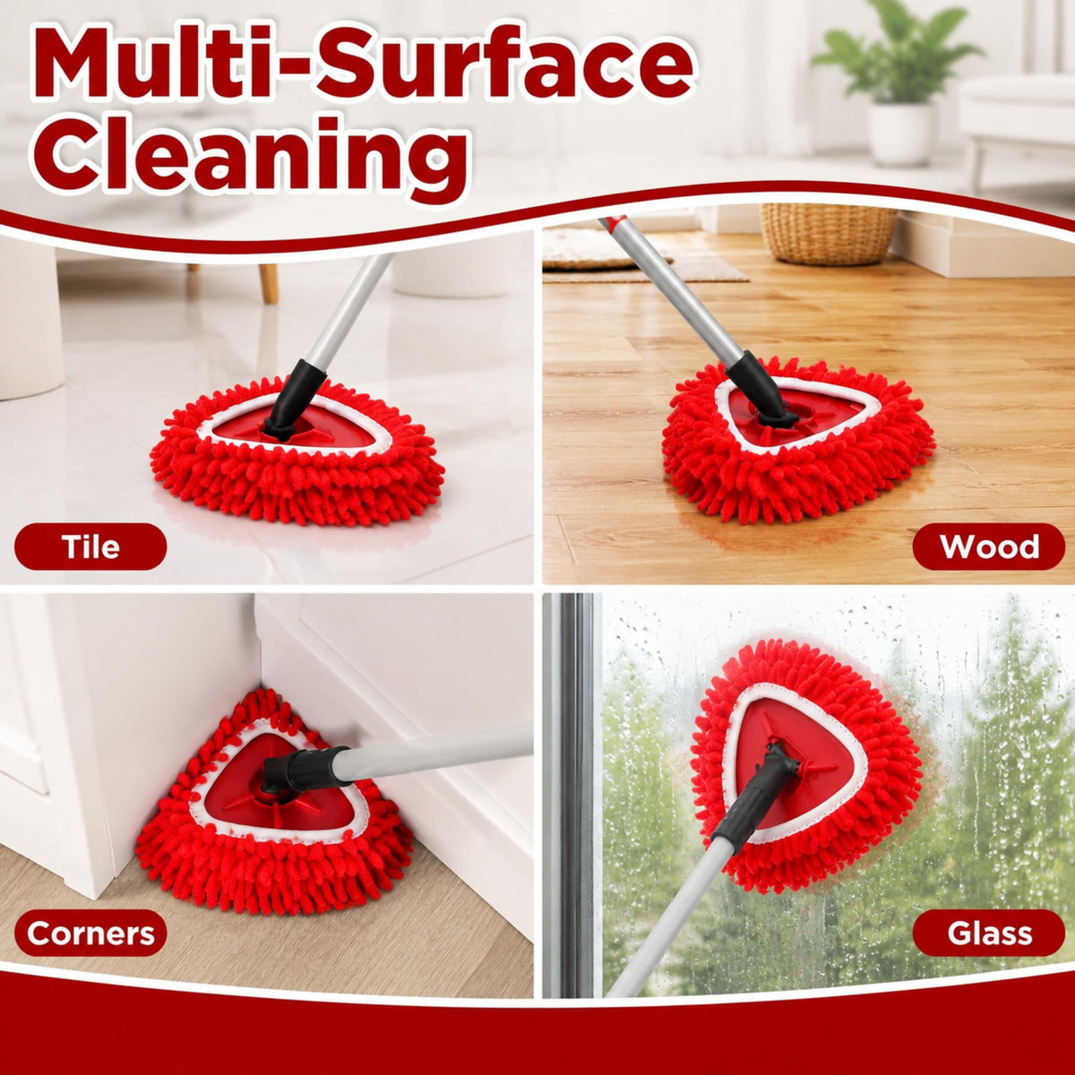 3 Pack Spin Mop Replacement Heads Compatible with O-Cedar EasyWring, Chenille Microfiber Mop Refills, Washable & Reusable Mop Head for Hardwood, Tile, Laminate and Marble Floors, Red