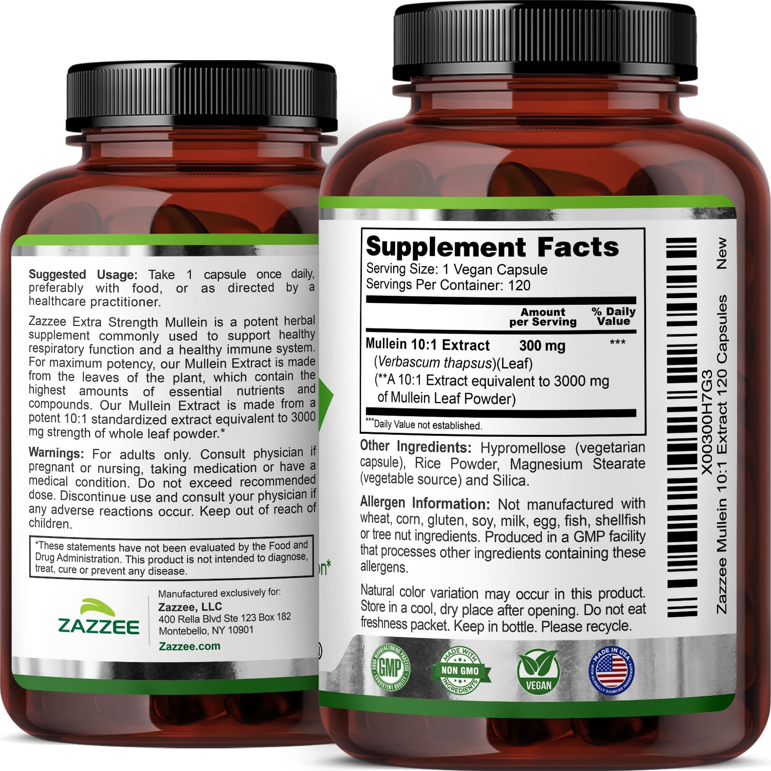 Zazzee Extra Strength Mullein Leaf 10:1 Extract, 120 Vegan Capsules | 4 Month Supply, Respiratory & Lung Support, Certified Kosher, 100% Pure Leaf Powder, Verbascum Thapsus, Non-GMO, Made in USA