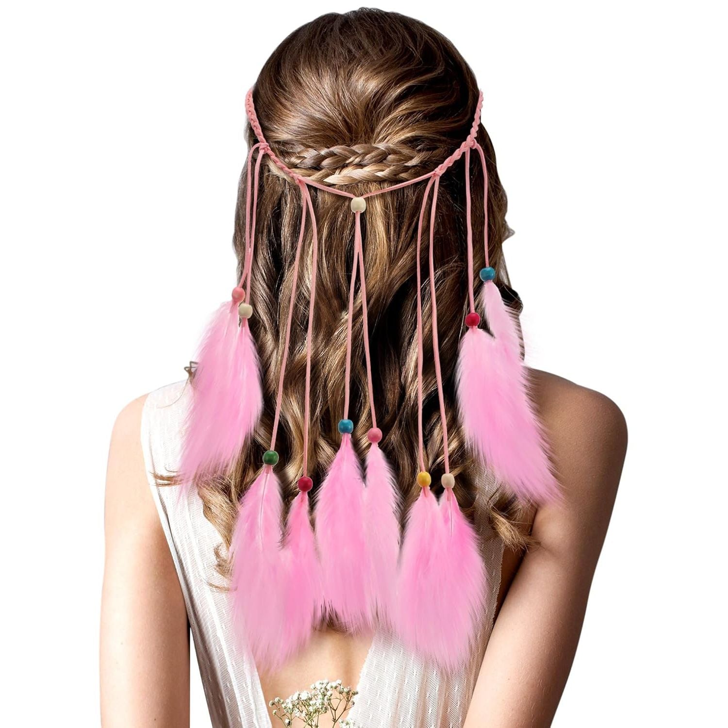 Buy now XunYee Feather Hippie Headband for Women - Indian Feather Hair Accessories for Costume (Classic Style) Pink at indiglob india