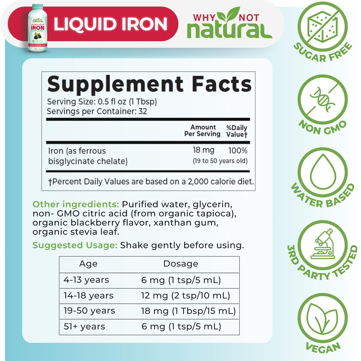 Why Not Natural Liquid Iron Supplement for Women, Men and Kids, Vegan Formulation for Anemia, Sugar Free, Vegan, Non-GMO, Organic BlackBerry Flavor 16 Fl Oz