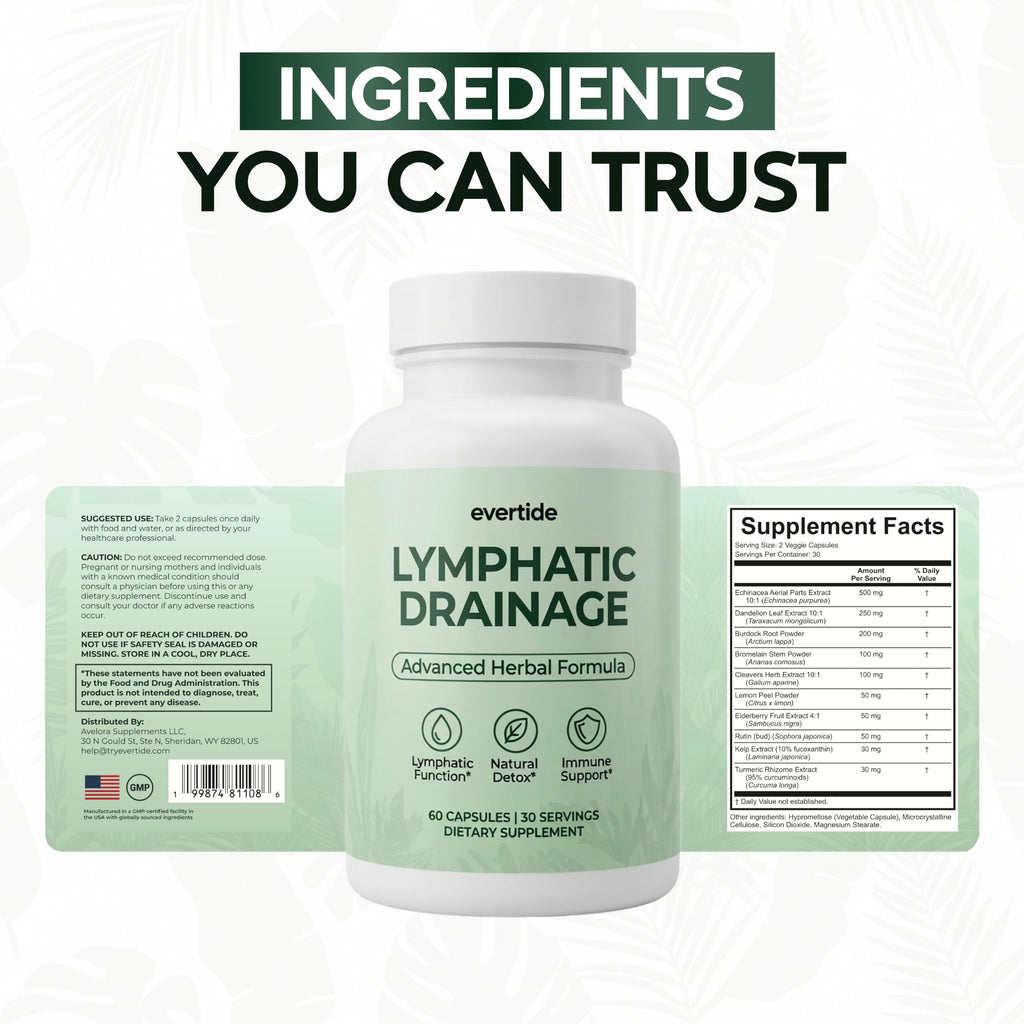 evertide Lymphatic Drainage Supplement - Lymphatic Support for Fluid Balance, Detox & Immune Health with Echinacea, Elderberry, Dandelion & Turmeric - 60 Capsules, 30 Day Supply