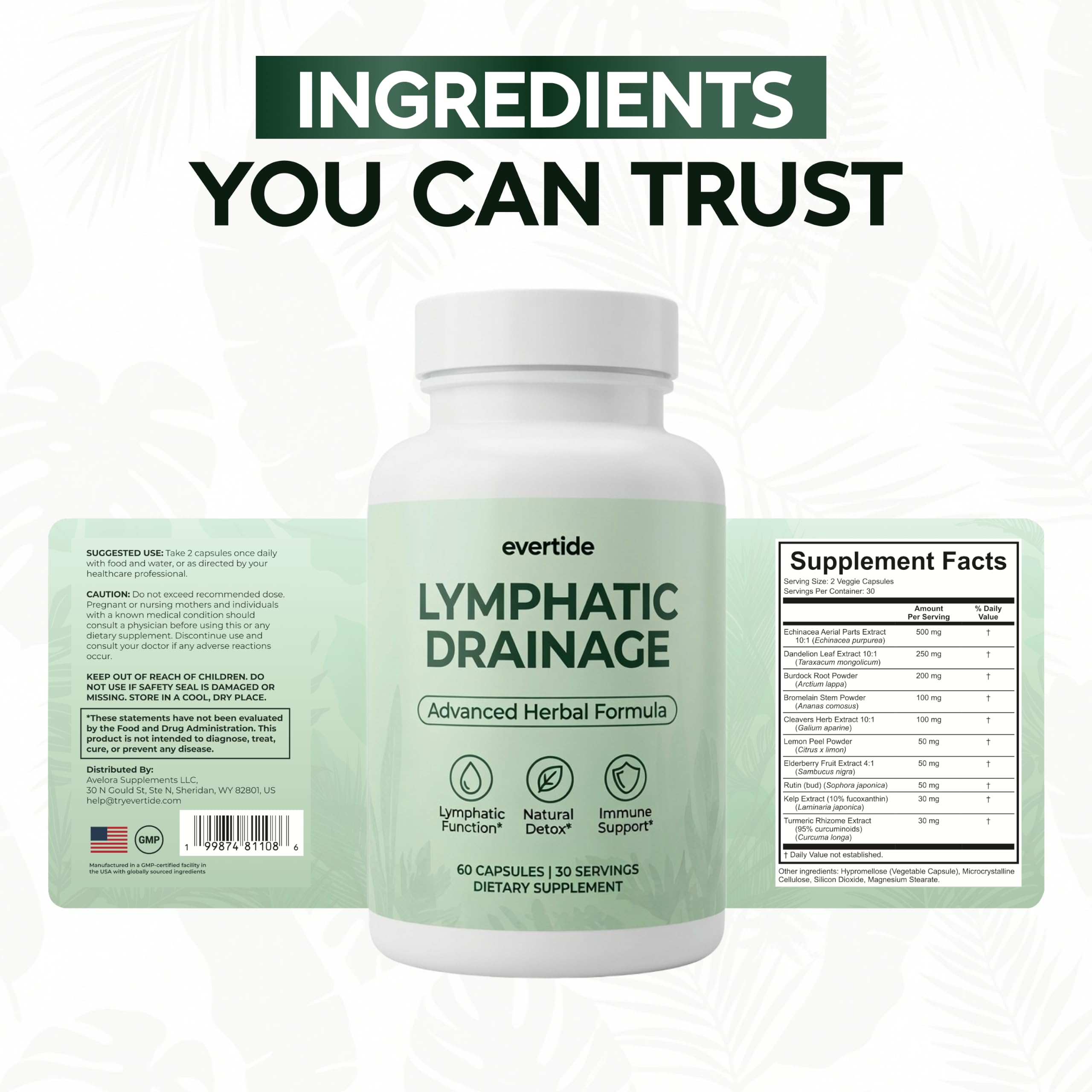 evertide Lymphatic Drainage Supplement - Lymphatic Support for Fluid Balance, Detox & Immune Health with Echinacea, Elderberry, Dandelion & Turmeric - 60 Capsules, 30 Day Supply