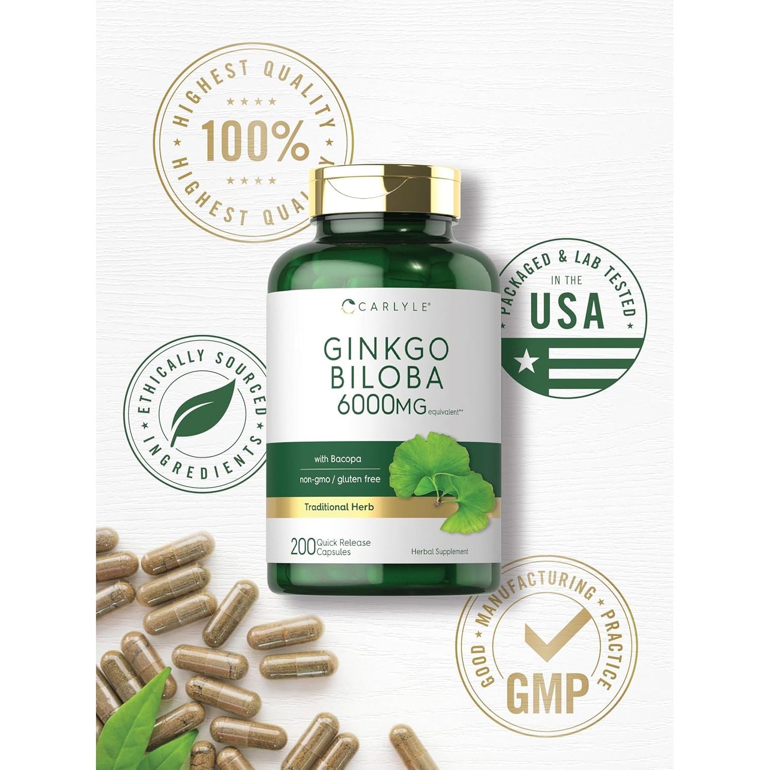 Buy now Carlyle Ginkgo Biloba Pills | 6000mg | 200 Capsules | with Bacoba Extract | Extra Strength, Non-GMO and Gluten Free Herbal Supplement at indiglob india