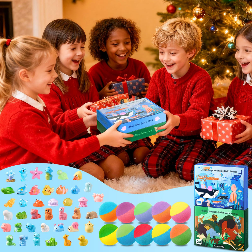 40 Kids Bath Bombs with Ocean & Jungle Animal Toys, Dual-Themed Gift Boxes