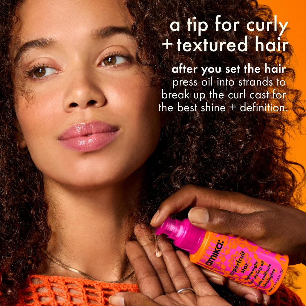 amika superfruit star lightweight hair styling + heat defense oil | heat protection, strengthen + reduce breakage, smooth frizz, add glossy shine | for all hair types