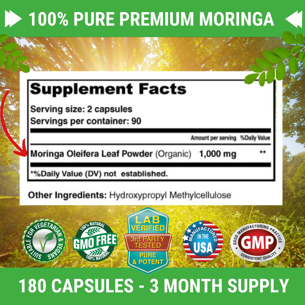 FRESH HEALTHCARE Moringa Capsules - 100% Pure Leaf Powder Supplement, 180 Pills, Non-GMO, 3 Month Supply, Complete Green Superfood for Energy, Skin, Immune and Gut Health Support
