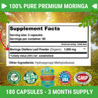 FRESH HEALTHCARE Moringa Capsules - 100% Pure Leaf Powder Supplement, 180 Pills, Non-GMO, 3 Month Supply, Complete Green Superfood for Energy, Skin, Immune and Gut Health Support