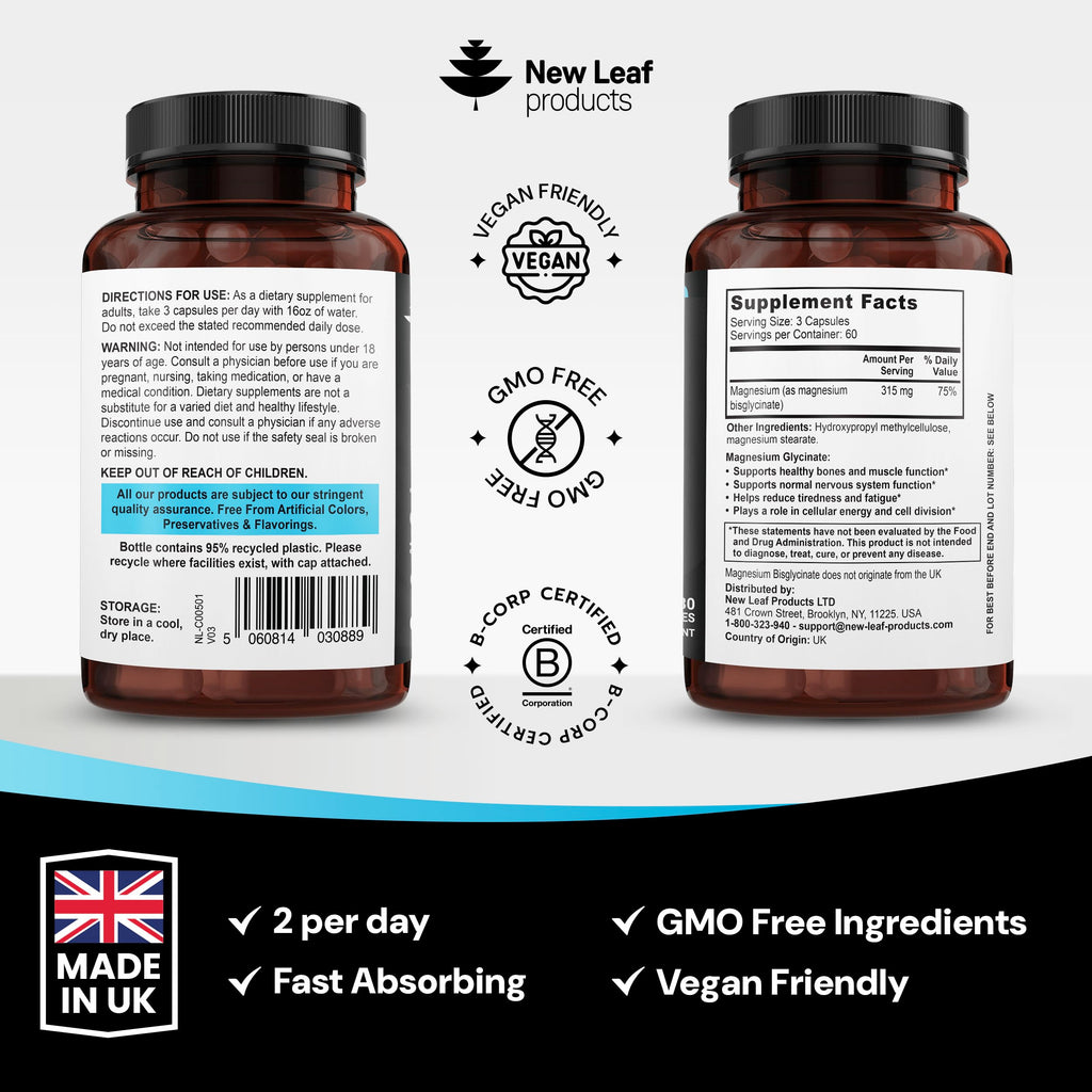 Magnesium Glycinate Supplements - 120 High Strength Capsules - 1040mg of Magnesium Providing 208mg Elemental Magnesium Per Serving - Pure Active Ingredient - UK Manufactured