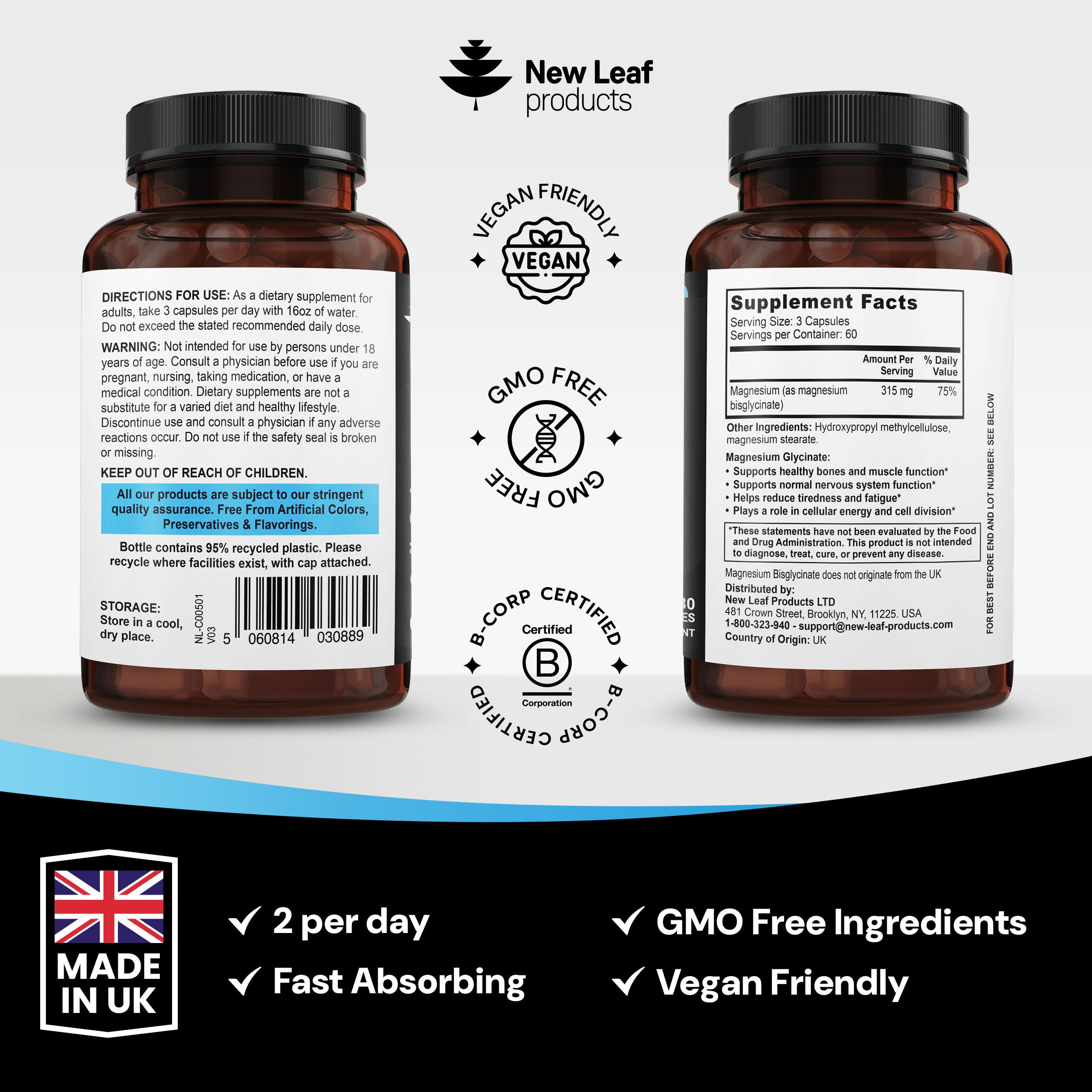 Magnesium Glycinate Supplements - 120 High Strength Capsules - 1040mg of Magnesium Providing 208mg Elemental Magnesium Per Serving - Pure Active Ingredient - UK Manufactured