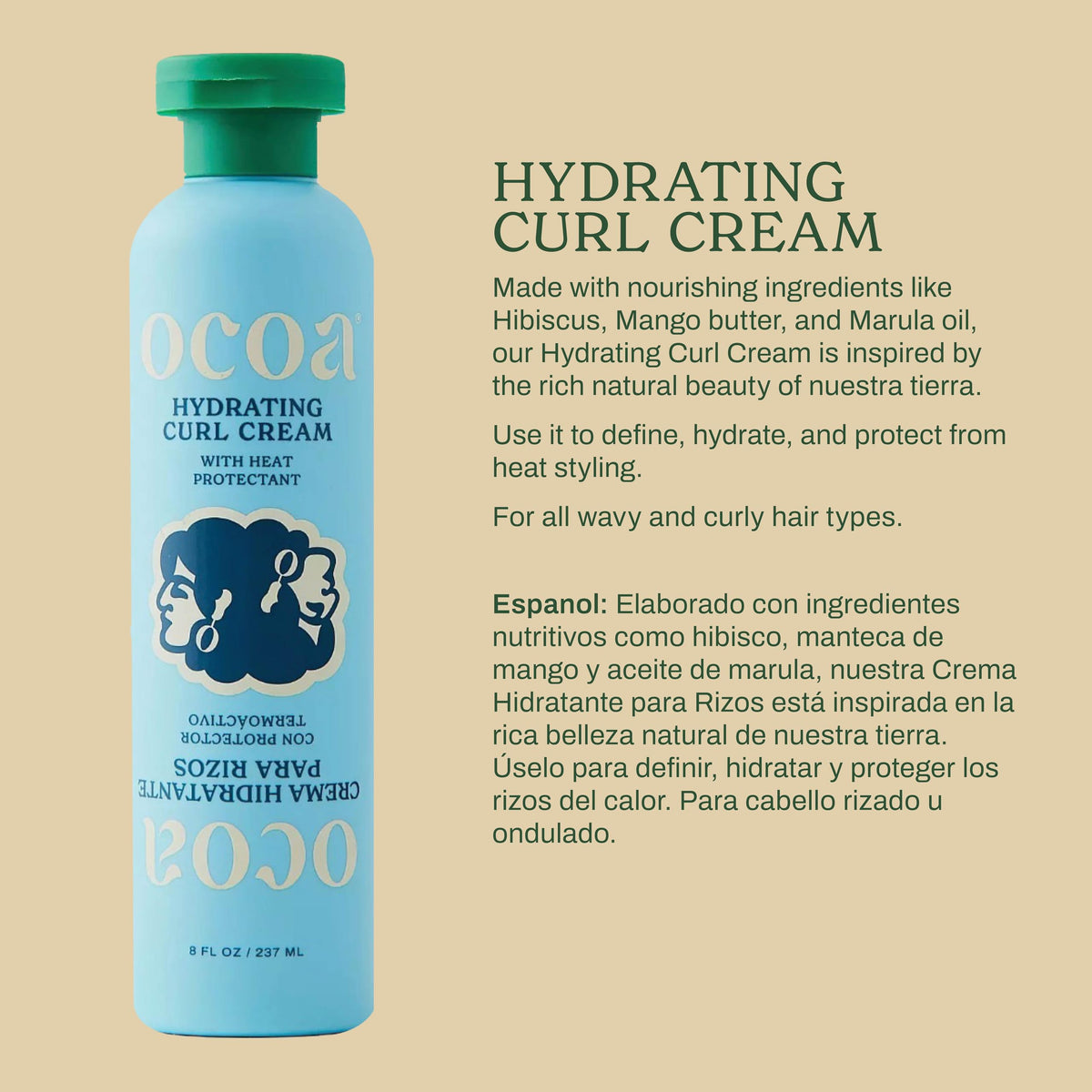 OCOA Beauty Hydrating Curl Cream for Curly & Wavy Hair, 8oz