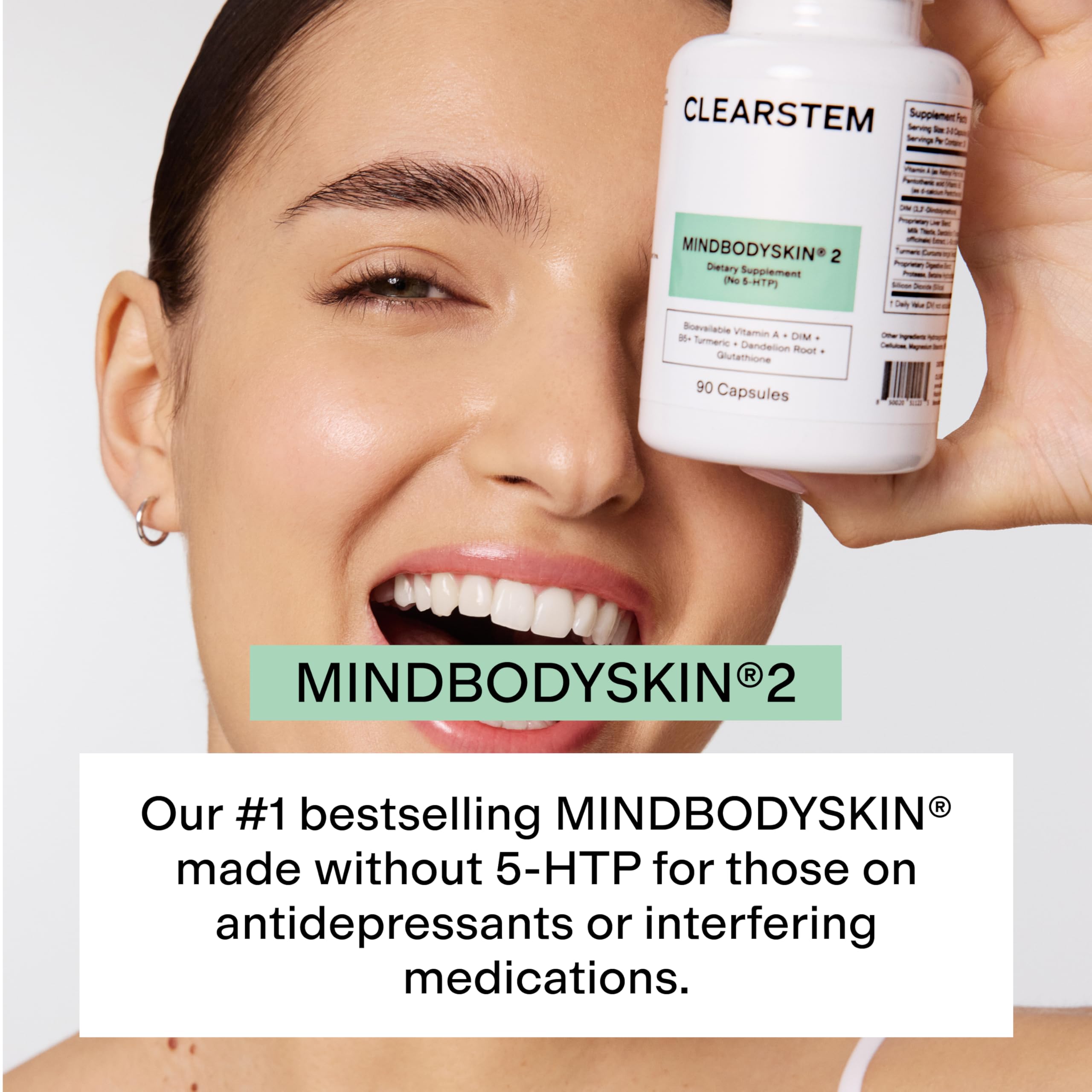 CLEARSTEM - MINDBODYSKIN Hormonal Acne Supplement (No 5-HTP) - Natural DIM Supplement - Skin Care Vitamins - Hormone Balance, Antioxidants - Gluten Free, Cruelty Free - 30 Servings, 90 Capsules